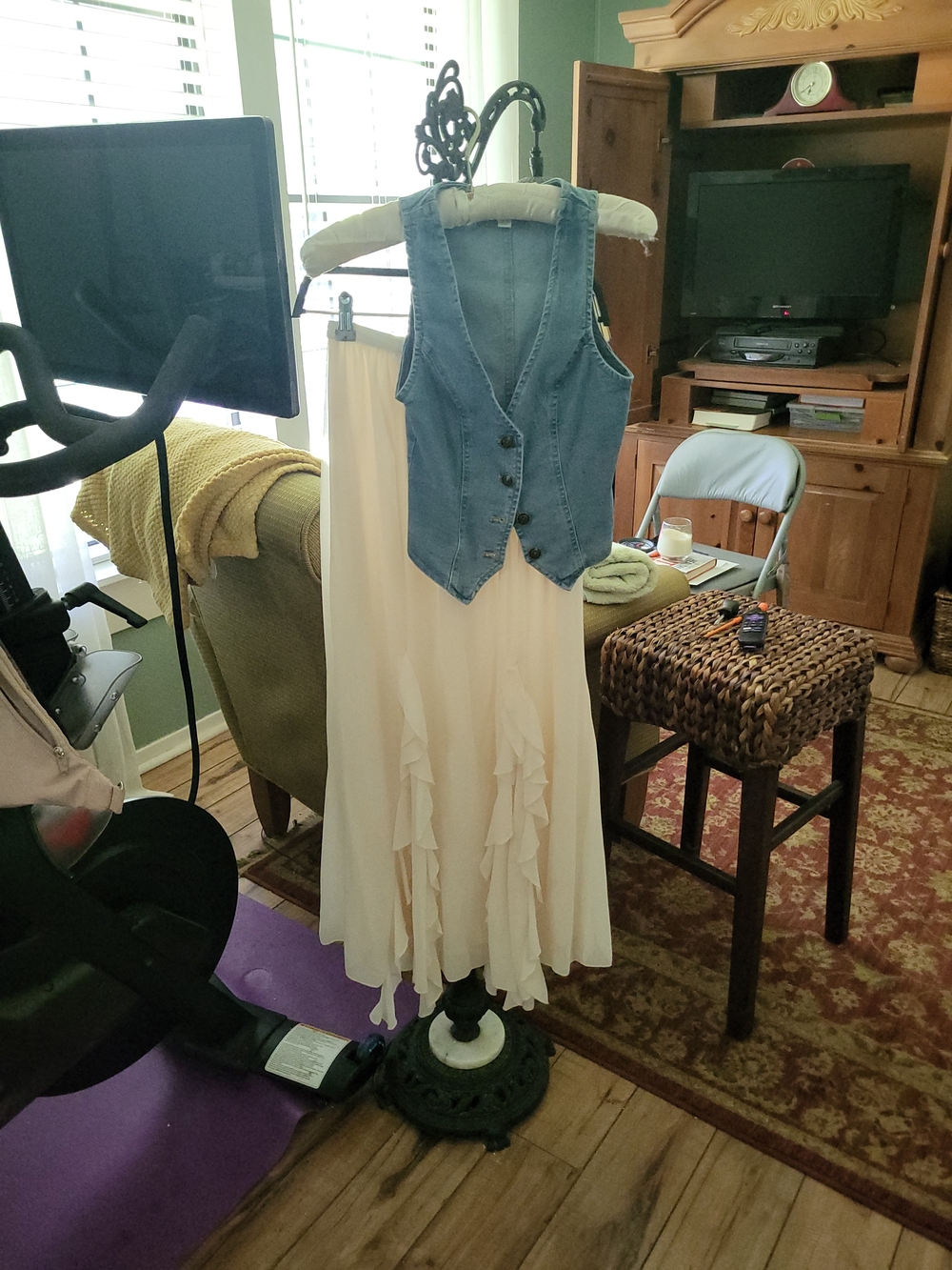 Cream Ruffled Maxi Dress with Denim-Style Vest